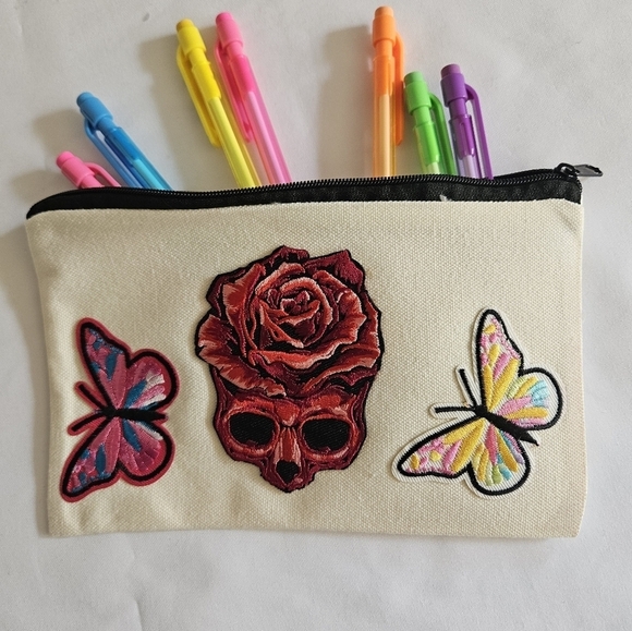 Hand Crafted embroidered bag red skull multicolored butterflies red rose rustic - Picture 14 of 17